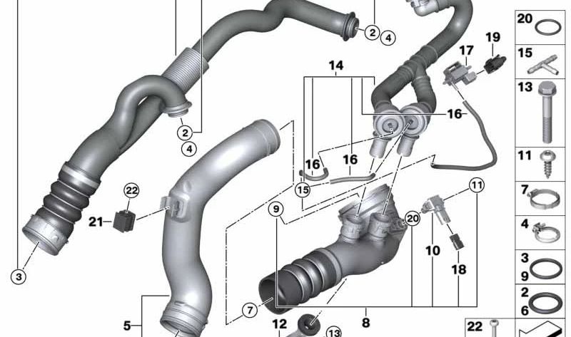 Tubo de recirculação da válvula de descarga OEM 13717594721 para BMW F01, F02, E71 (740I, 740LI, x6 xDrive35i com motor N54). BMW original.