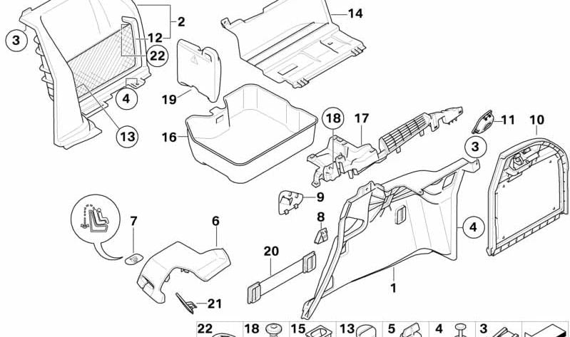 Tapa lateral derecha negra OEM 51477131796 para BMW E91 316d, 316i, 318d (todos los modelos compatibles). Pieza original BMW.