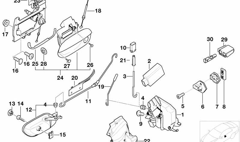 Cable Bowden abrepuertas delantero izquierdo OEM 51218215617 para BMW Serie 5 E39 520d, 520i... y más. Original BMW.