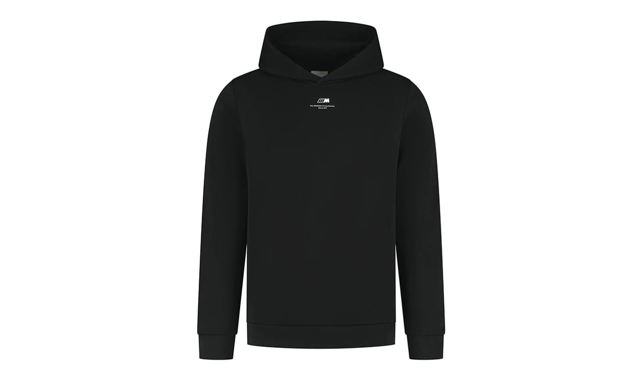 Sudadera con capucha BMW M Logo negra unisex, 100% algodón, OEM 80145B5F599. Original BMW para estilo casual, con logo M y texto "The Ultimate Driving Machine Since 1972". Tallas XS a XXL. Original BMW.