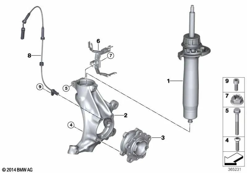 Front left shock absorber for BMW 3 Series F80, F80N, 4 Series F82, F82N (OEM 31312284785). Original BMW.