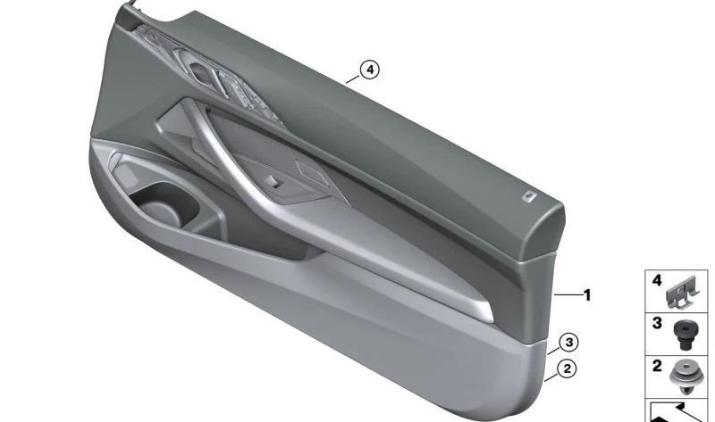 Panel interior puerta delantera izquierda OEM 51417883475 para BMW G82 y G83. Color Silverstone. Recambio original BMW.