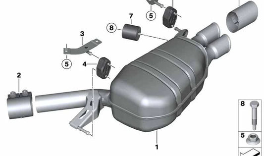 Silenciador trasero OEM 18308510382 para BMW F10 520d, 525d {modelos compatibles: 520d (5E51, 5E52, 5E61, 5E62), 525d (5C71, 5C72, 5C81, 5C82, XA31, XA32)}. Original BMW.