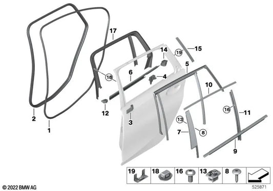 Painel da moldura da janela da porta traseira direita OEM 51337465176 para BMW G21, G21 LCI, G81 M3, G81 M3 LCI. BMW genuíno.