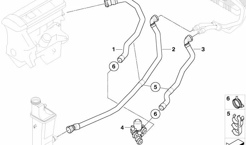 Manguito de agua OEM 64213400416 para BMW X3 E83 2.5i y 3.0i (modelos PA71, PA72, PA73, PA75, PA81, PA82, PA83, PA85, PA01, PA02). Conecta válvula de agua con radiador. Recambio original BMW.