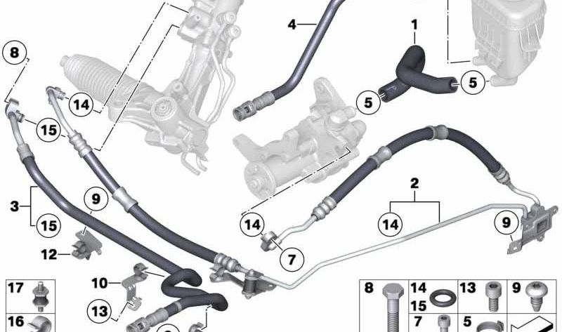 Tubo de retorno dirección asistida OEM 32416796377 para BMW F07, F10, F11, F01, F02. Original BMW.