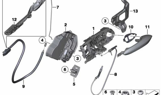 Cerradura completa trasera izquierda OEM 51215A36F25 para BMW Serie 5 F07 GT, F07 GT LCI. Original BMW.