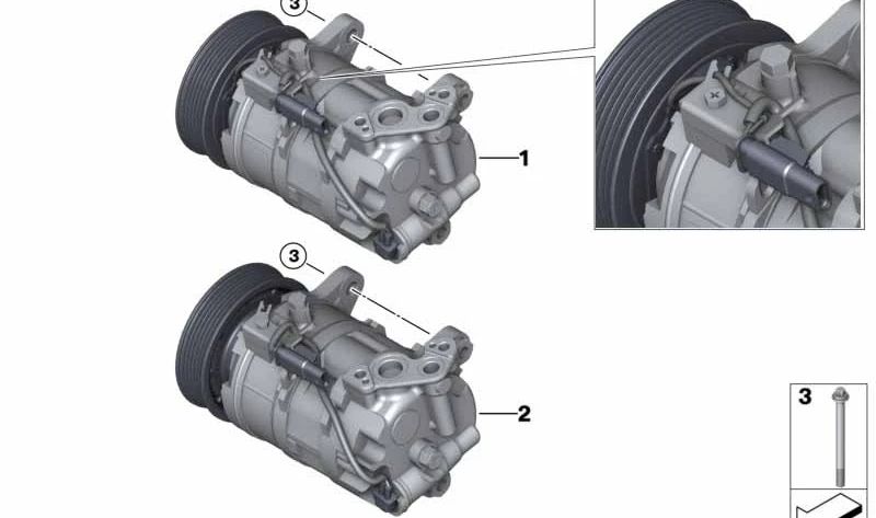 Compresor de aire acondicionado sin embrague magnético OEM 64527948798 para BMW F40, F44. Original BMW.