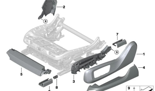 Cubierta exterior derecha del asiento OEM 52107497984 para BMW G05, G05N, G07, G07N, G18, G06, G06N. Pieza original BMW.