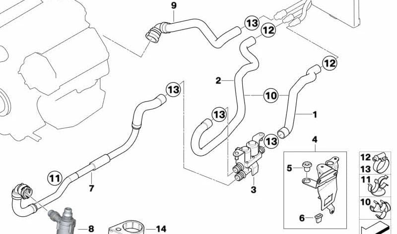 OEM hose 64216919107 for auxiliary water pump and valve BMW X5 E53 heating. Original BMW spare.