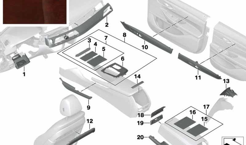 Blende I-Tafel Esche Maser derecha para BMW G11, G11N, G12, G12N (OEM 51457992680). Original BMW