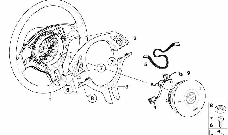 Tapa embellecedora volante muschelahorn OEM 32306760151 para BMW E39 520d, 520i. Compatible con versiones con volante deportivo multifunción. Original BMW.
