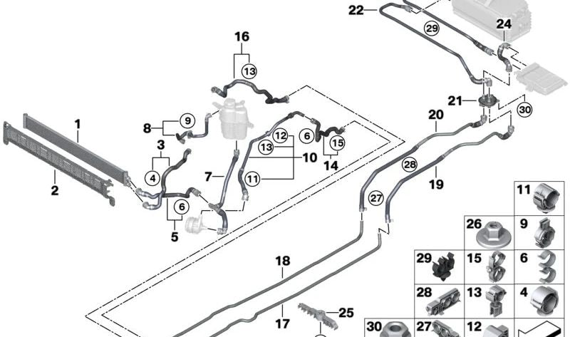 Soporte para manguera OEM 17123417852 para BMW F20, F21, F22, F23, F30, F31, F34, G20, G21, F32, F33, F36, F90, G30, G31, G32, F04, G11, G12, F91, F92, F93, G14, G15, G16, E83, G01, F97, G02, F98, E70, F15, G05, E71, F16, G06, G07, G29. Original BMW.