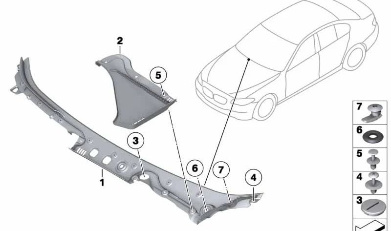 Cubierta superior del parabrisas (Abdeckung Windlauf) OEM 51717203125 para BMW F10, F10N, F11, F11N. Pieza original BMW. Ideal para reemplazar la moldura exterior del limpiaparabrisas.
