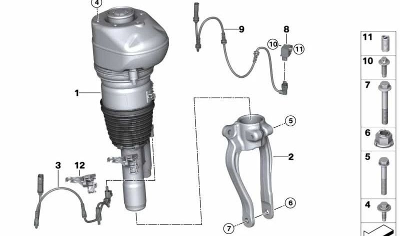 Amortiguador neumático delantero izquierdo OEM 37107915945 para BMW G11, G12. Original BMW.