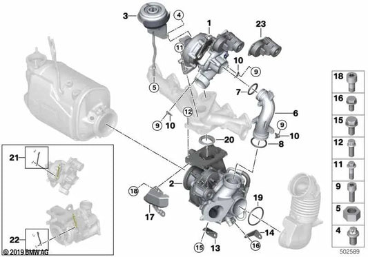 Apoyo de turbocompresor OEM 11658570246 para BMW Serie 5 G30, Serie 6 G32, Serie 7 G11, Serie 8 G15, X3 G01, X4 G02... y más. Original BMW.
