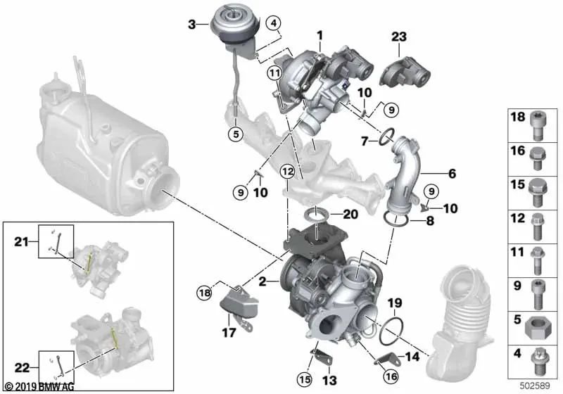 Apoyo de turbocompresor OEM 11658570246 para BMW Serie 5 G30, Serie 6 G32, Serie 7 G11, Serie 8 G15, X3 G01, X4 G02... y más. Original BMW.