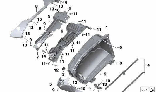 Left case bottom OEM 46548550095 for BMW R1200RT, R1250RT. Original BMW Motorrad.