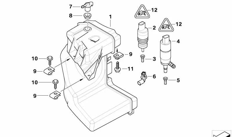 Depósito lavaparabrisas faros OEM 61677895577 para BMW E46. Recambio original BMW.