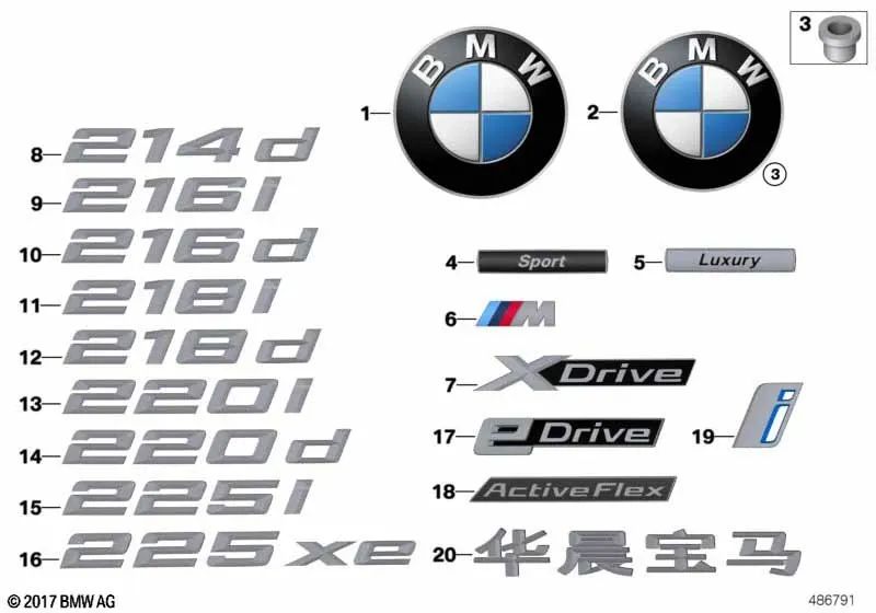 Inscripción trasera "218i" OEM 51147383496 para BMW 2' F45 Active Tourer (2013-2018), F45 Active Tourer LCI (2017-2021). Original BMW.