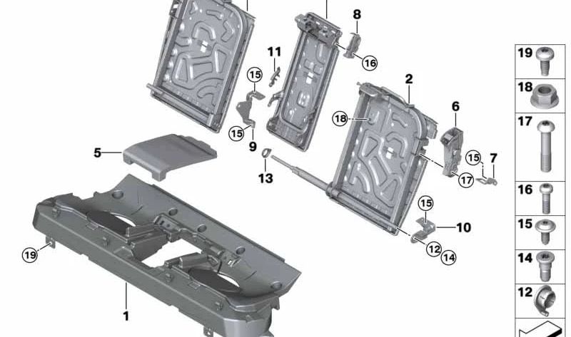 Estructura respaldo asiento derecho OEM 52207327950 para BMW X6 F16 y F86. Compatible con modelos xDrive28i, xDrive30d, xDrive35i, xDrive40d y xDrive50i. Original BMW.