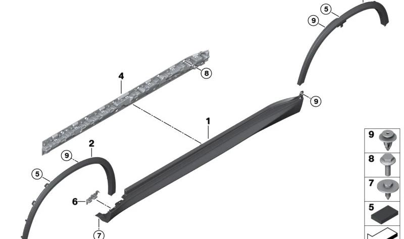 Soporte lateral izquierdo OEM 51777469385 para BMW X5 {F95, F95N, G05, G05N, G18, G18N}. Pieza original BMW.