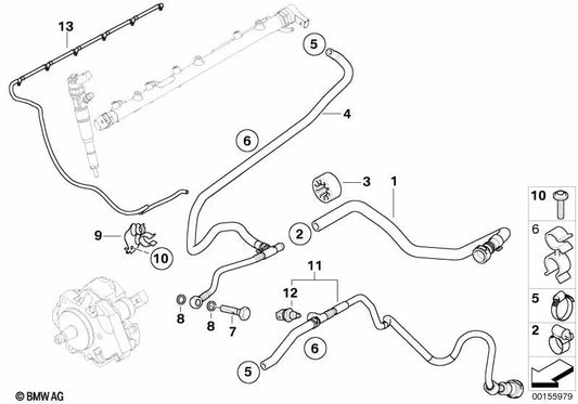 Tubería de retorno de combustible OEM 13537801664 para BMW E90, E91, E92, E93. Original BMW.