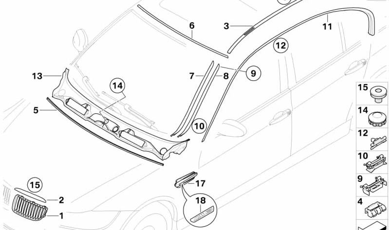 Moldura colectora de agua imprimada izquierda OEM 51137184001 para BMW Serie 3 E90, E91, E90 LCI, E91 LCI. Original BMW.