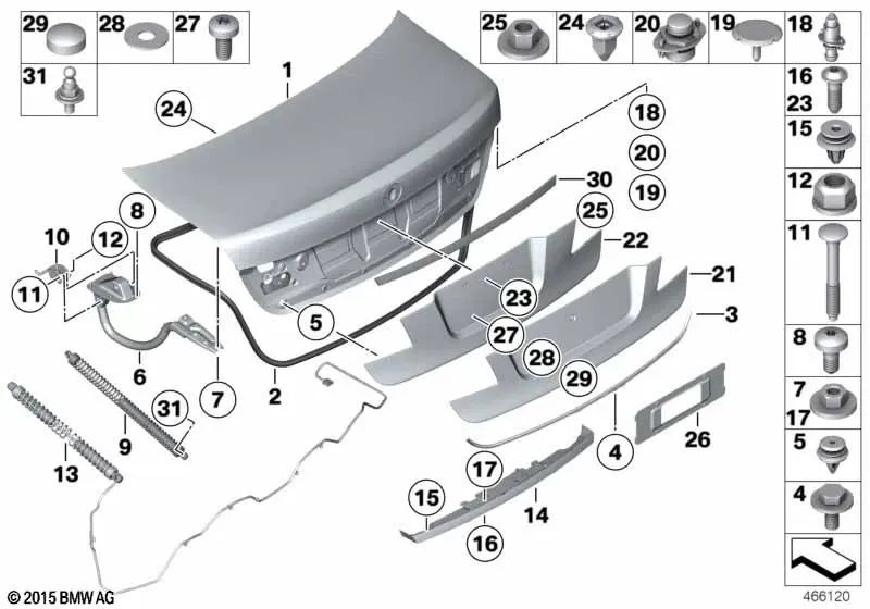 Muelle de tracción tapa del maletero izquierdo OEM 51247185904 para BMW Serie 7 F01, F02, F04 Hybrid… y más. Original BMW.