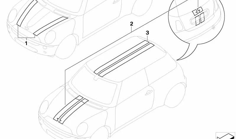 Juego de franjas decorativas negras OEM 51140434968 para MINI R56, R56 LCI, Cabrio R57 LCI. Original MINI.