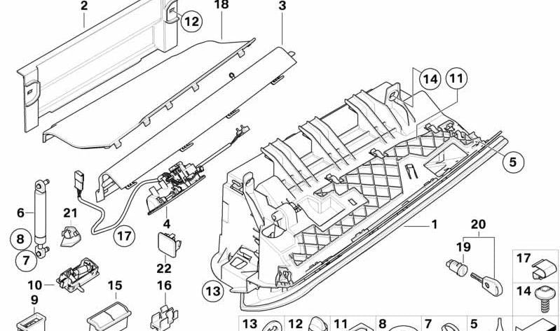 Tapa de cierre guantera OEM 51166812259 para BMW E81, E82, E87, E88, E90, E91, E92, E93, E60, E61, E63, E64, E70, X3 E83, Z4 E85, E86, E89. Original BMW.