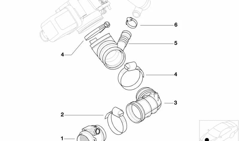 Manguito de admisión de aire OEM 13541705209 para BMW E36, E46, Z3. Conecta el caudalímetro al sistema de admisión. Repuesto original BMW.