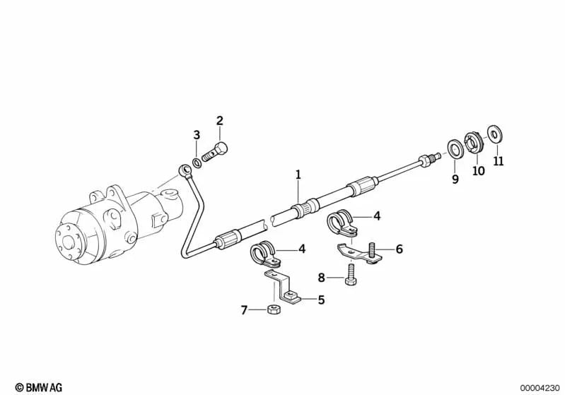 Left pressure hose bracket for BMW E34, E32, E38, E31 (OEM 32411095320). Original BMW.