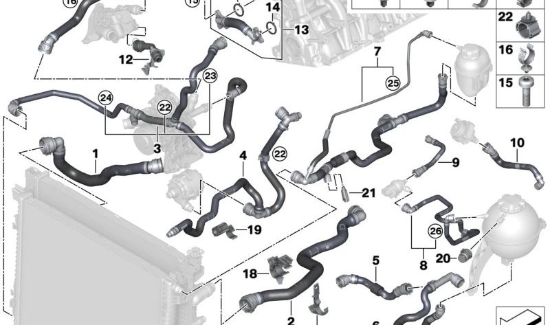Soporte de manguito (diámetro 14mm) OEM 17128693287 para BMW G20, G20N, G21, G21N, G22, G22N, G23, G23N, G26, G26N, G01, G01N, G08, G08N, G45, F97, F97N, F98, F98N, G02, G02N, G05, G05N, G18, G18N, G06, G06N, G07, G07N, M G09. Original BMW.