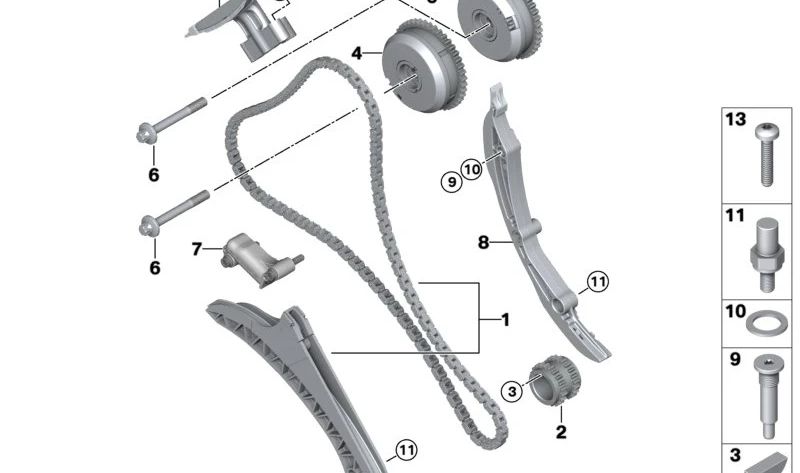 Cadena de distribución con guía tensora OEM 11317567500 para BMW F07, F10, F11, F12, F13, F01, F02, F04, E70, E71, E72. Original BMW.