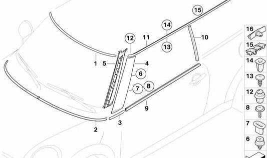 Junta de espuma del montante A derecha OEM 51337146096 para MINI R56, R56 LCI, Clubman R55, R55 LCI. Original MINI.