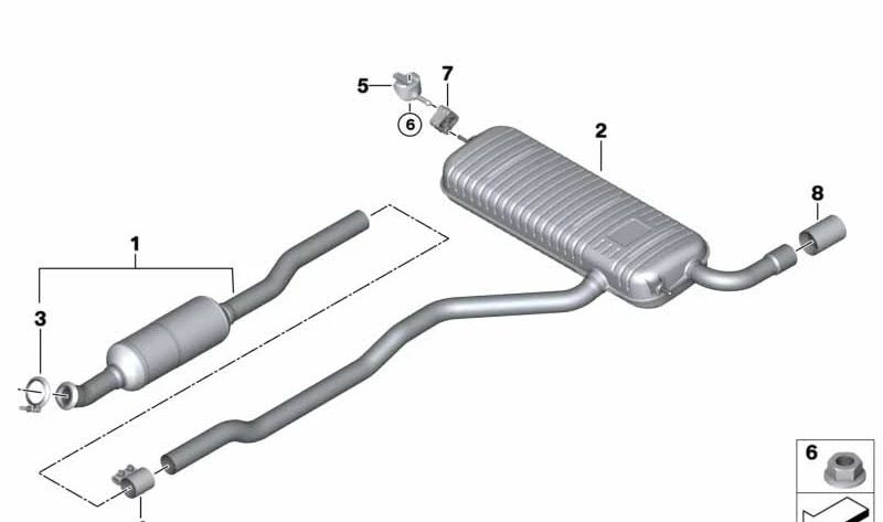Silêncio traseiro OEM 18308694333 para BMW F45 216i e 218i (1.3.2018 - 31.10.2021). Compatível com os motores B38B e B38C. BMW original.