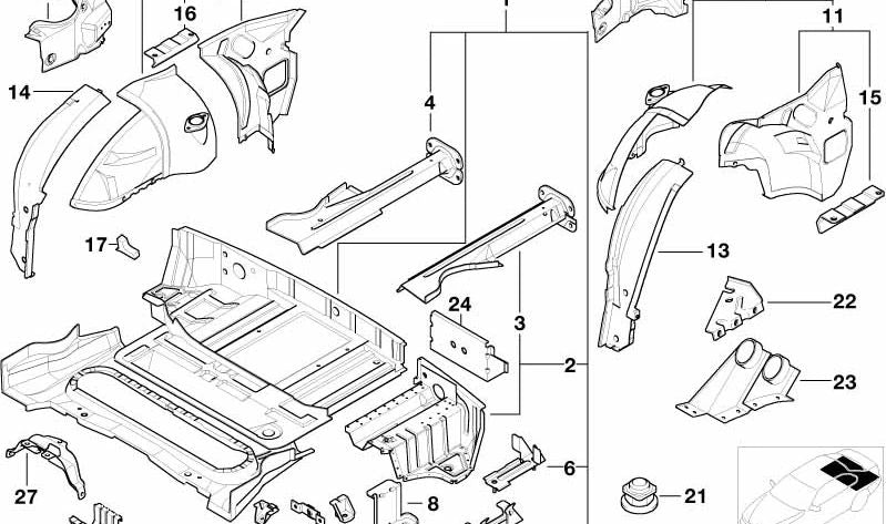 Cubierta interior paso de rueda trasera izquierda OEM 41148400035 para BMW Z3 E36 (modelos 2.8, 3.0, M3.2). Original BMW.