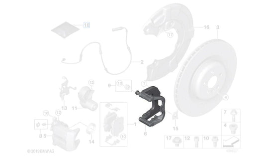 Brake clamp support OEM 34206893582 for BMW G14, G15, G16, G05, G06. Original BMW.