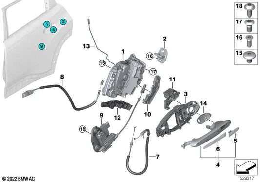 Cerradura puerta trasera izquierda OEM 51227477705 para BMW G30, G11 LCI, X5 G05, X6 M F96... y más. Original BMW.