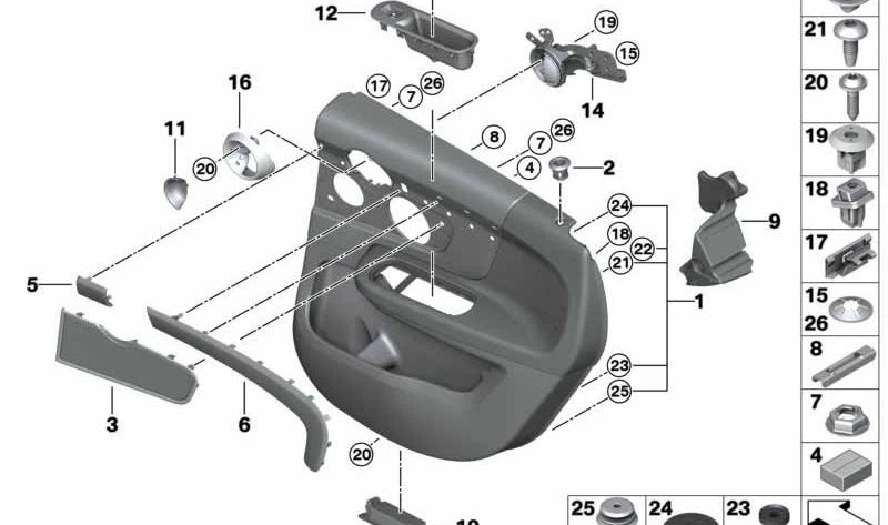 Rivestimento della portiera posteriore sinistra OEM 51427476641 per MINI Countryman F60 (2015-2020), F60 LCI (2019-2024) in marrone malto. MINI originale.