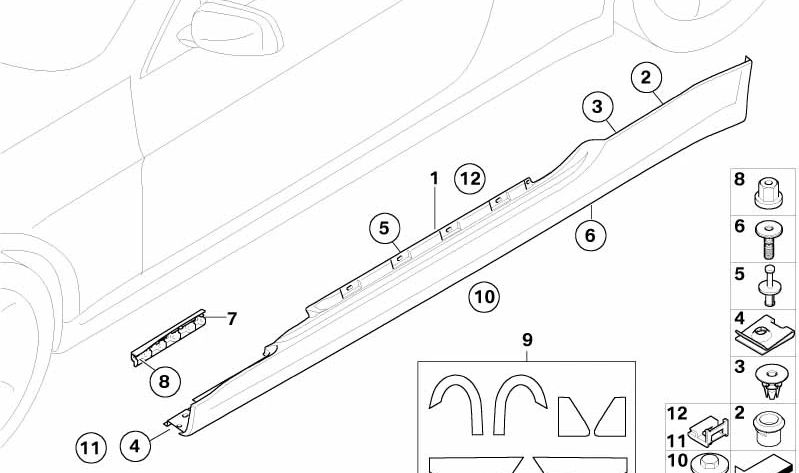 OEM distance clip 51717066226 for BMW E60, E60N, E61, E61N, E63, E63N, E64, E64N. Original BMW piece for lateral skirt moldings and wheel step.