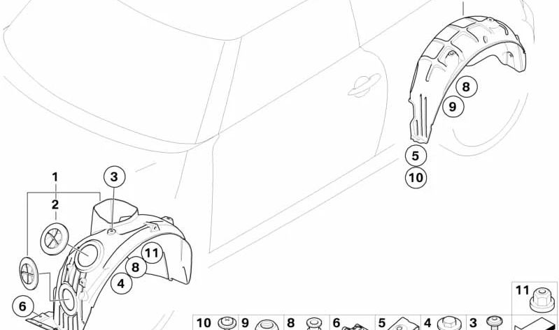 Cubierta paso de rueda delantero derecho OEM 51717266546 para MINI R55, R56, R57, R58, R59. Original MINI.