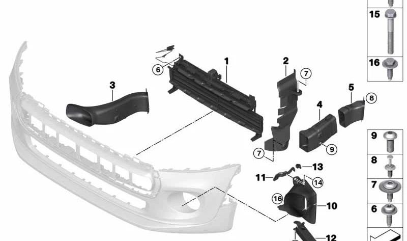 Guía de aire izquierda OEM 51647455617 para MINI Cabrio F57 Cooper S (modelos WG71, WG72, WG81, WG82) 2015-2021. Original MINI.
