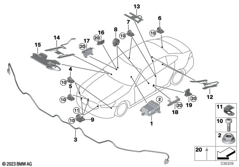 Sensor de aceleração para BMW Série 2 U06, Série 5 G60, Série 7 G70, i I20, X1 U11 U12, X5 G05N, XM G09 (OEM 65779496818). BMW original