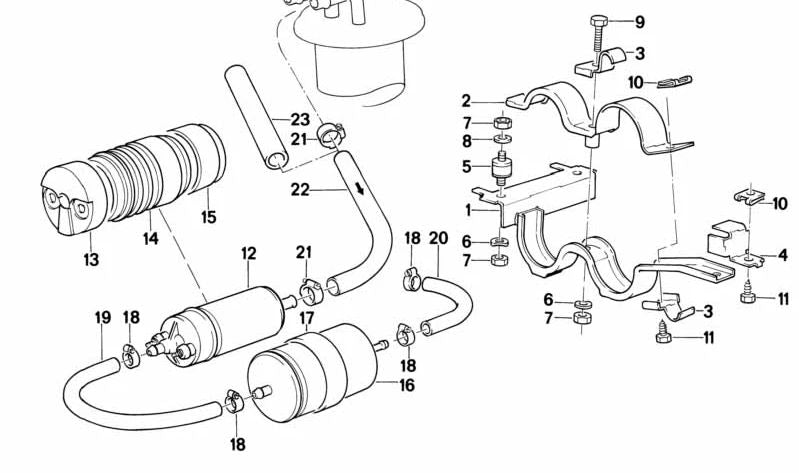 Silentblock de goma OEM 16121177892 para BMW E30, E28, E24. Pieza de anclaje de la bomba de combustible. Compatible con modelos como 316i, 318i, 520i, 628CSi. Original BMW.
