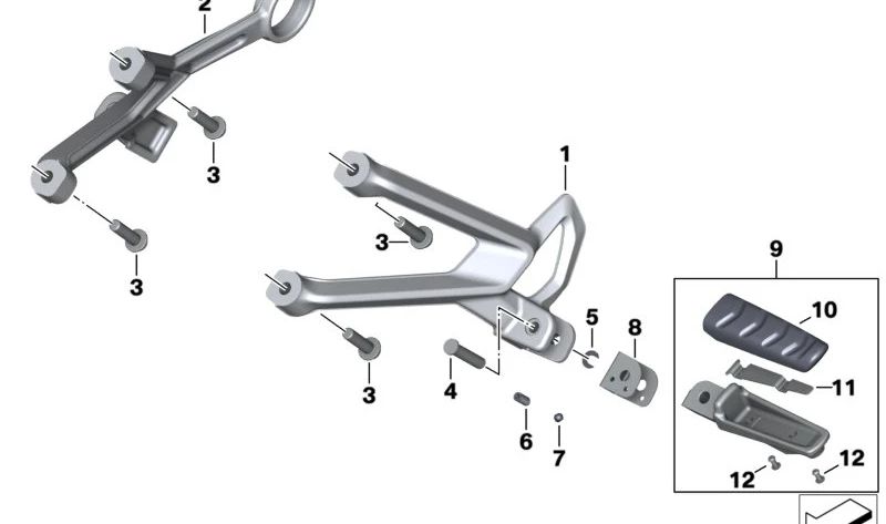Soporte de reposapiés trasero derecho OEM 46718540799 para motos BMW R 1200 R, R 1250 R, R 1200 RS, R 1250 RS. Original BMW Motorrad.