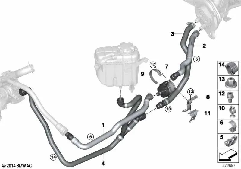 Engine to radiator flow hose for BMW F87N, F80, F80N, F82, F83 (OEM 64219307241). Original BMW.