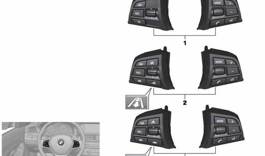 Interruptor multifunción para volante deportivo OEM 61319276224 para BMW F07, F10, F11, F18, F06, F12, F13. Controla funciones desde el volante. Original BMW.