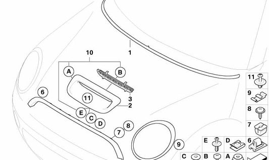 Admisión de aire capó delantero imprimado OEM 51132757694 para MINI R56, R55, R57, R58, R59... y más. Original MINI.